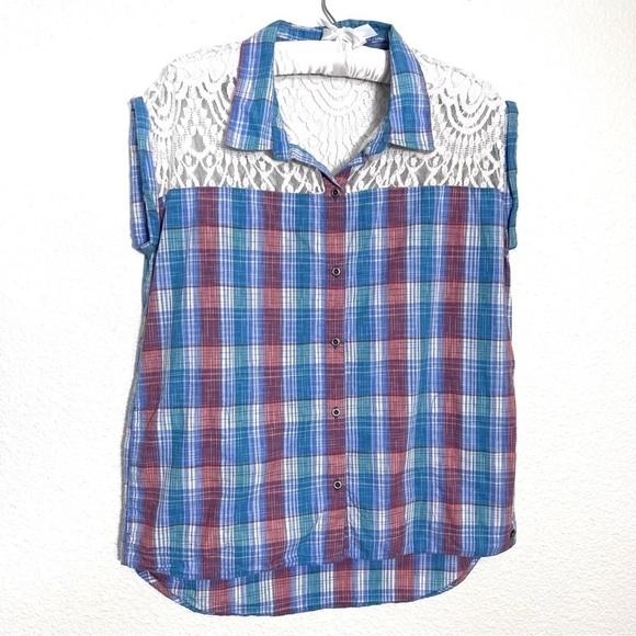Roxy Plaid Button Down Sheer Lace Short Sleeves Size Medium Boho Western‎ Beachy - Picture 1 of 10